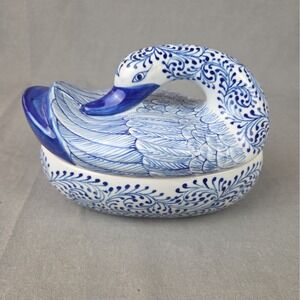 Vintage Blue & White Porcelain Swan Covered Bowl Trinket Box